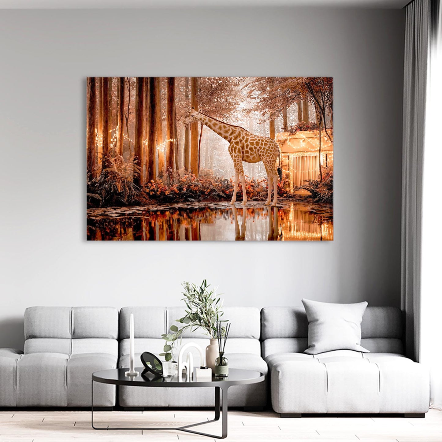 Giraffe painting on a wall above a modern living room setup with a sofa and coffee table.