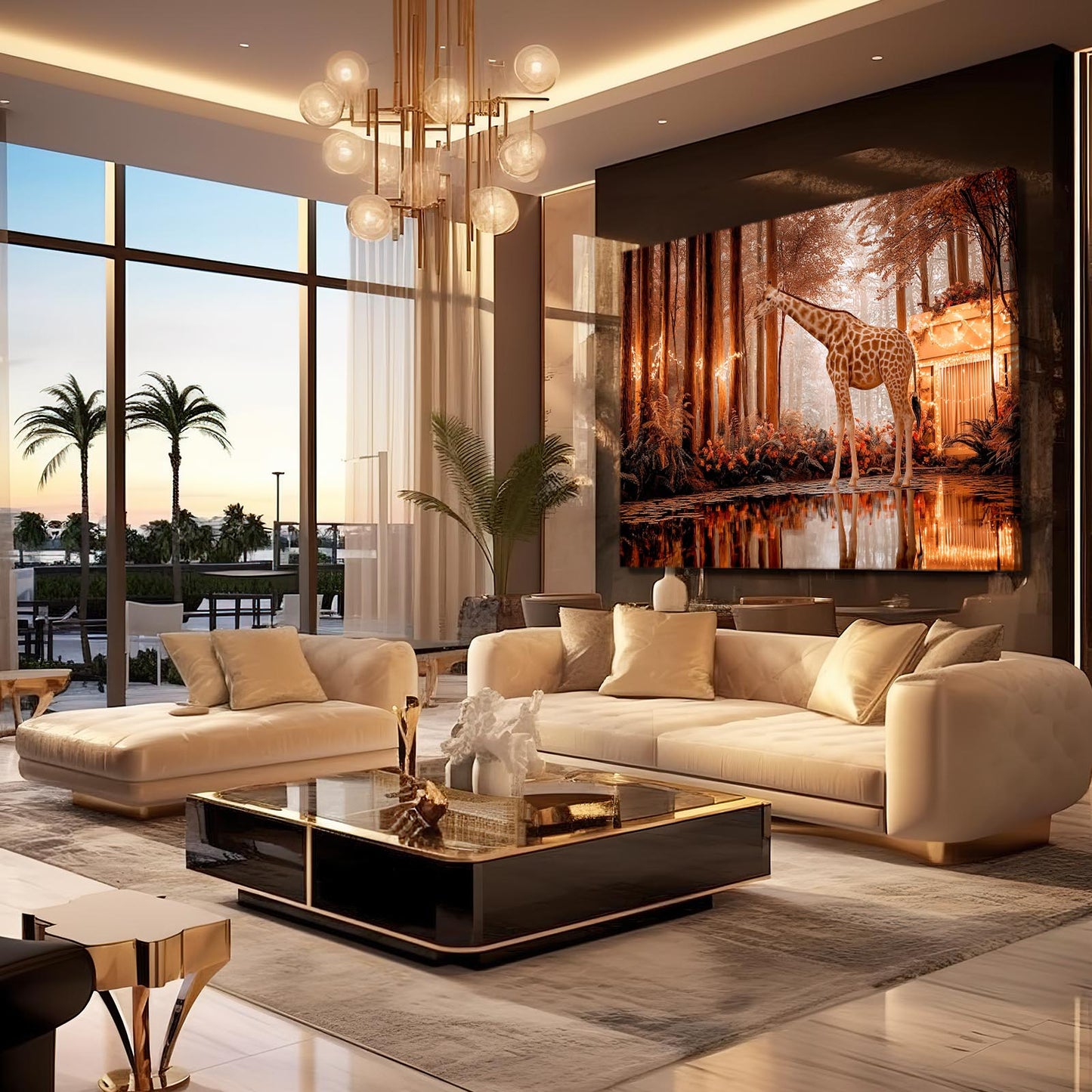 Modern living room with beige sofa, coffee table, and large wall art of a giraffe.