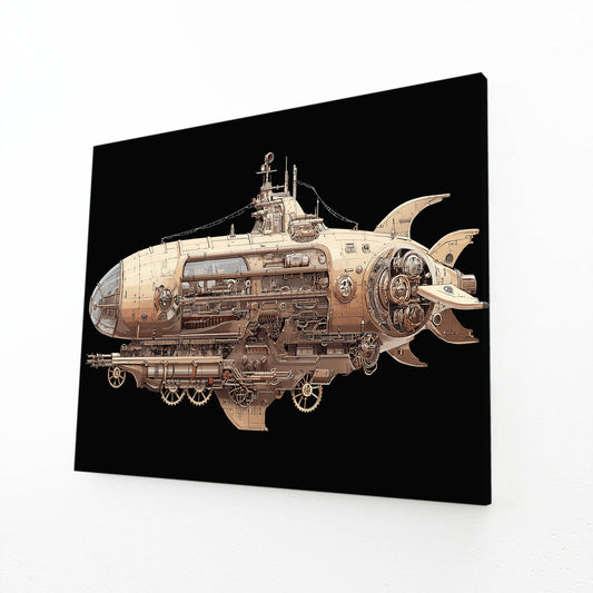 Nautilus Steam Submarine Steampunk Art – angled canvas view on white background