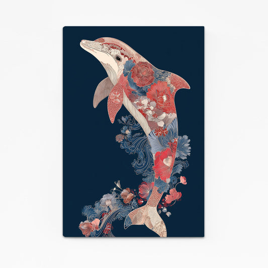 Navy Folk Bloom Dolphin Art – with Premium Black wood frame on white background
