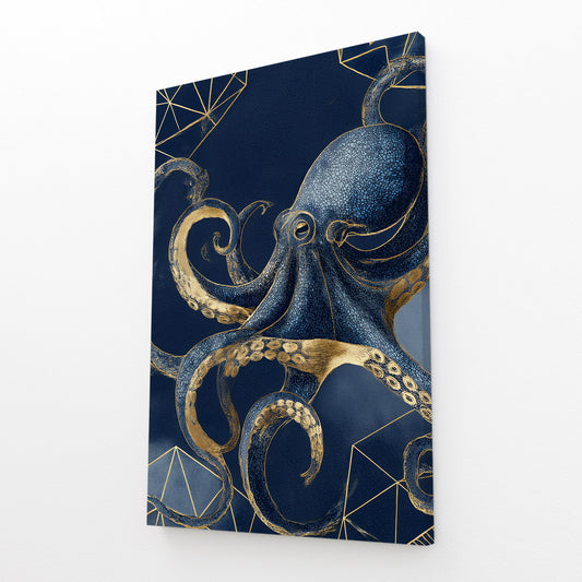 Navy Gold Coils Octopus Canvas Art – angled canvas view on white background