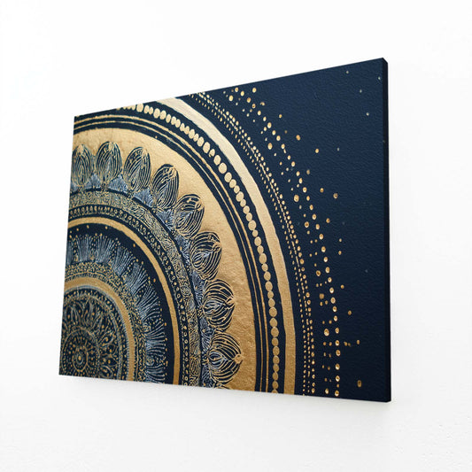 Navy Mandala Arc Gold Canvas – angled canvas view on white background