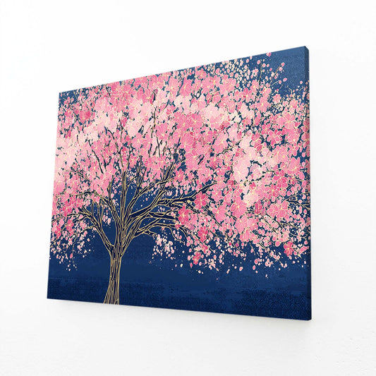 Navy Night Tree Cherry Blossom Wall Art – angled canvas view on white background