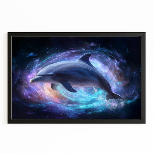 Nebula Pair Dolphin Wall Art – with Premium Black wood frame on white background