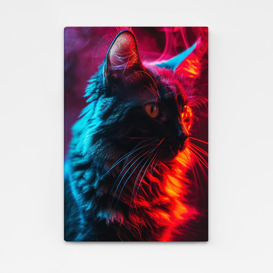 Neon Cat Wall Art – angled canvas view on white background