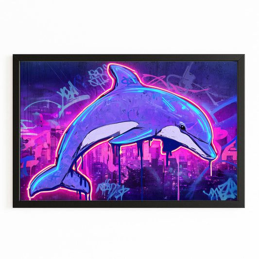 Neon City Dolphin Wall Art – with Premium Black wood frame on white background