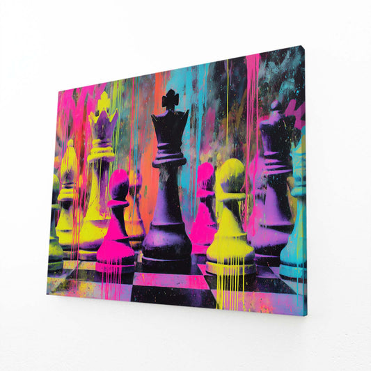 Neon Drip Battle Chess Wall Art – angled canvas view on white background
