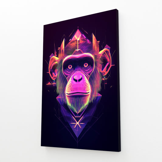 Neon Geometric Head Monkey Art – angled canvas view on white background
