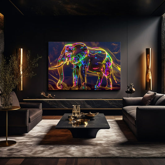 Neon Glow Elephant Wall Art — 3d canvas print in black tones, view 3