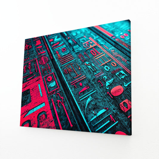 Neon Hieroglyph Pattern Egyptian Prints – angled canvas view on white background