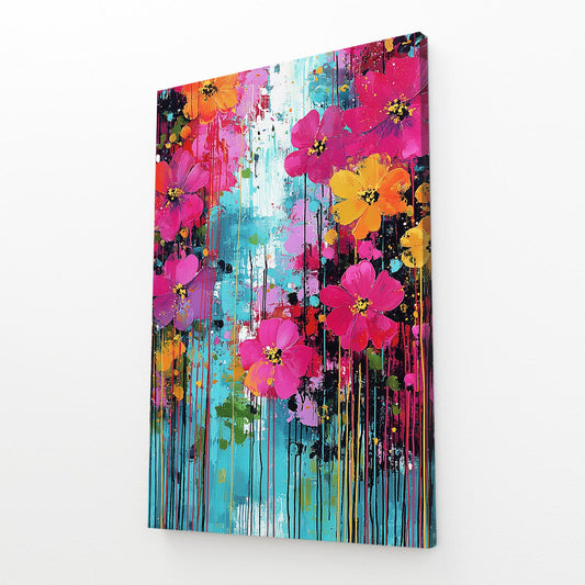 Neon Meadow Drip Cherry Blossom Wall Art – angled canvas view on white background
