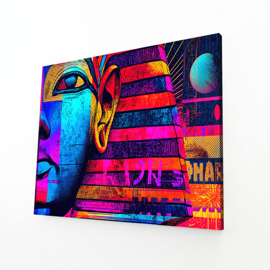 Neon Pharaoh Face Egyptian Canvas – angled canvas view on white background