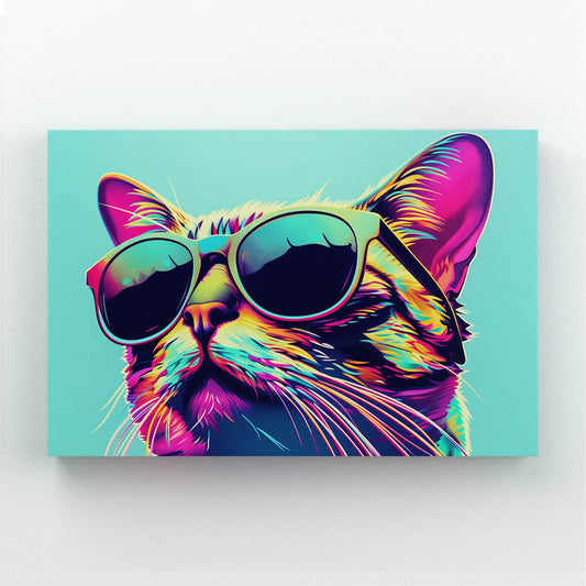 Neon Shades Cat Art — digital canvas print in blue tones, canvas print on white background