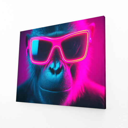 Neon Shades Glow Monkey Canvas Art – angled canvas view on white background