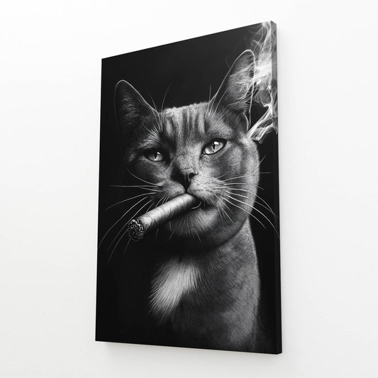 Noir Cigar Portrait Cat Art — photography canvas print, angled canvas view on white background