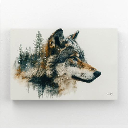 Nordic Wolf Wall Art — nature canvas print in white tones, angled canvas view on white background
