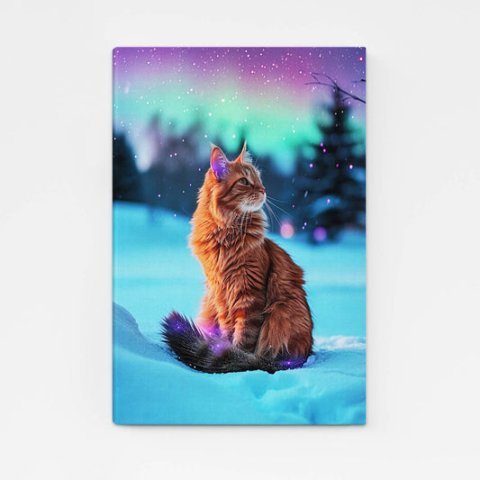 Northern Lights Cat Art — digital canvas print in blue tones, angled canvas view on white background