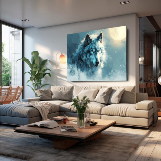 Northern Lights Wolf Art — digital canvas print in blue tones, view 3