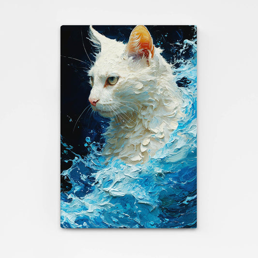 Ocean Majesty Cat Art — abstract canvas print in blue tones, angled canvas view on white background