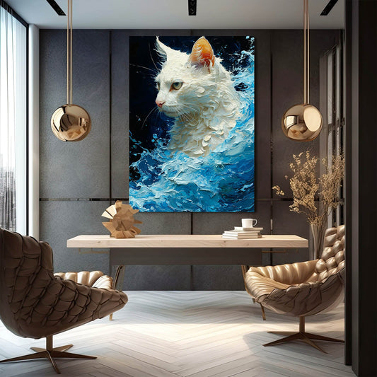 Ocean Majesty Cat Art — abstract canvas print in blue tones, view 3