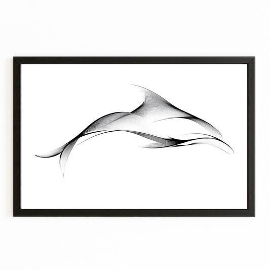 One Line Dolphin Wall Art – with Premium Black wood frame on white background