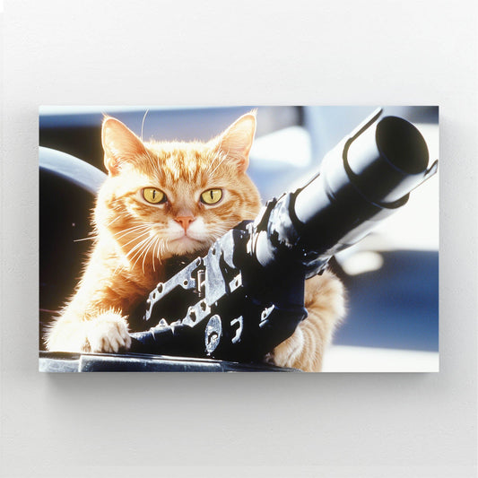 Orange Cat Pointing a Gun Wall Art — photography canvas print in orange tones