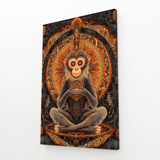 Orange Mandala Lotus Monkey Wall Decor – angled canvas view on white background