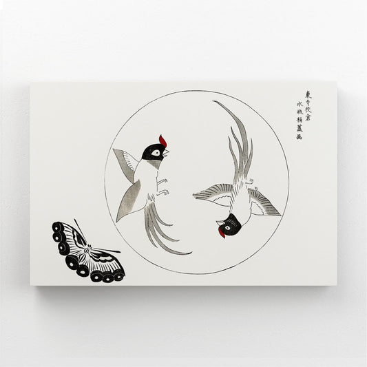 Oriental Birds And Butterfly Wall Art — japanese art canvas print in white tones, canvas print on white background