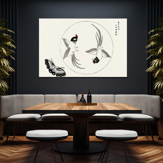 Oriental Birds And Butterfly Wall Art — japanese canvas print in white tones, view 3