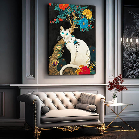 Originial Cat Wall Art — floral canvas print in white tones, view 3