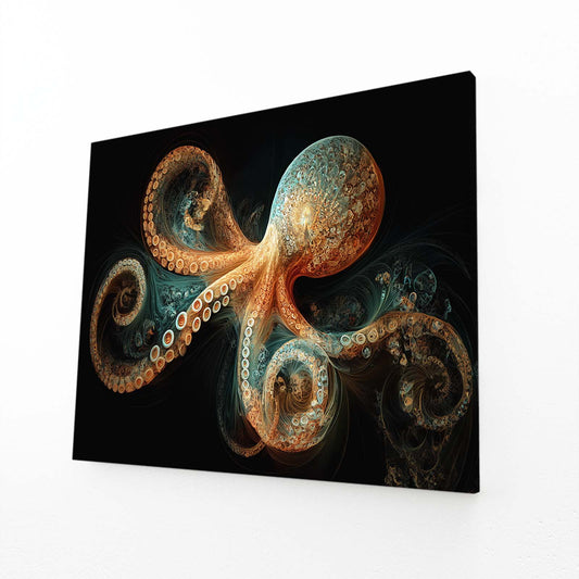 Ornate Fractal Coils Octopus Wall Decor – angled canvas view on white background