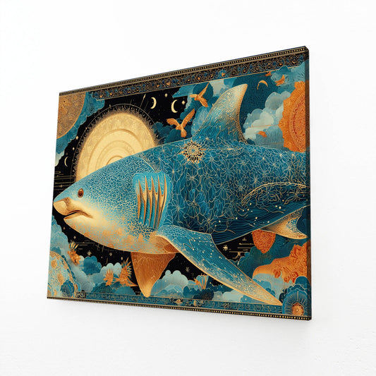 Ornate Gold Steampunk Shark Canvas – angled canvas view on white background