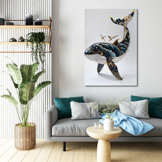 Ornate Japanese Whale Art — japanese canvas print in white tones, view 3