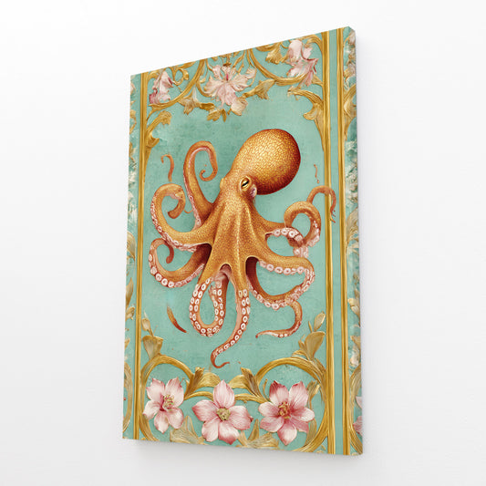 Ornate Mint Panel Octopus Art – angled canvas view on white background