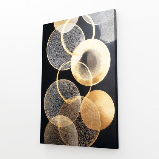 Overlapping Gold Circles Wall Decor – angled canvas view on white background