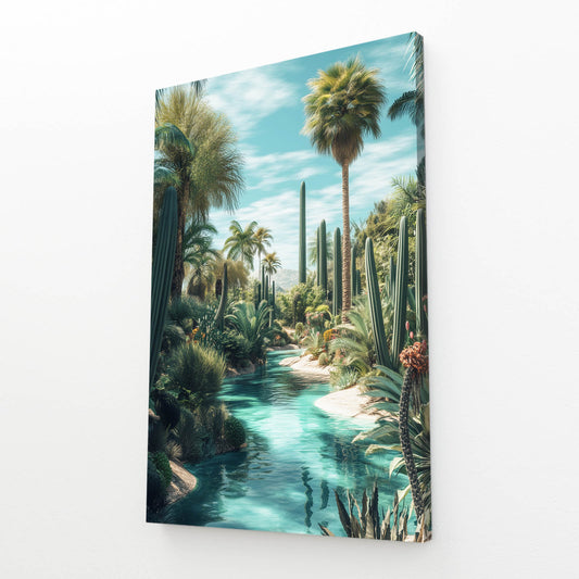 Palm Oasis Stream Cactus Art – angled canvas view on white background