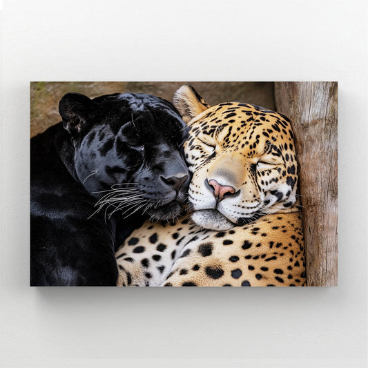 Panther And Leopard Embrace Wall Art — photography canvas print in brown tones
