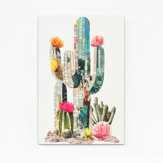 Paper Collage Bloom Cactus Art – angled canvas view on white background