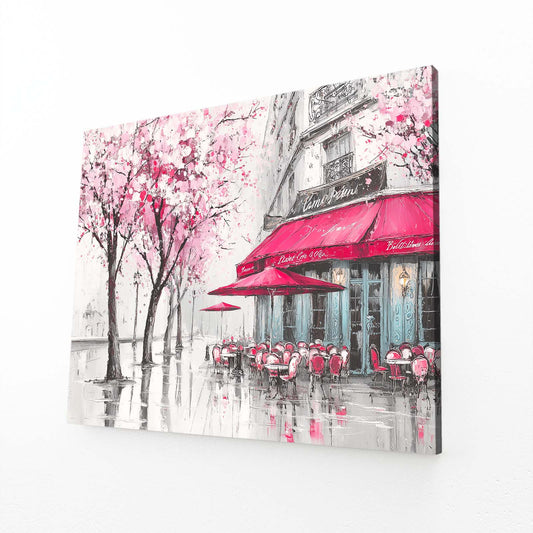 Parisian Cafe Cherry Blossom Prints – angled canvas view on white background