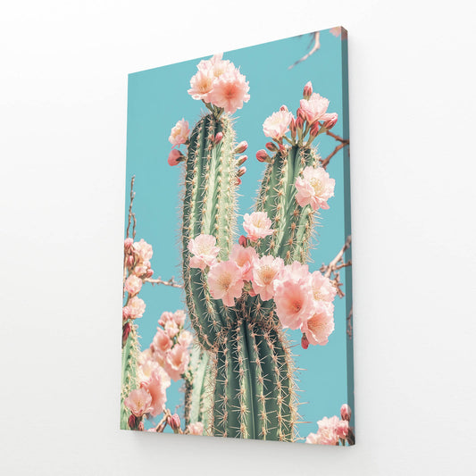 Pastel Bloom Column Cactus Wall Decor – angled canvas view on white background