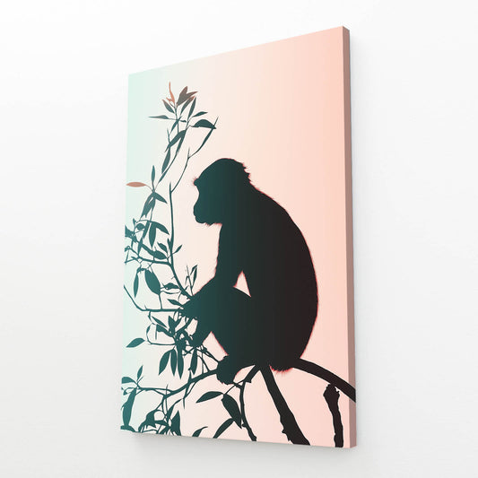 Pastel Branch Silhouette Monkey Art – angled canvas view on white background