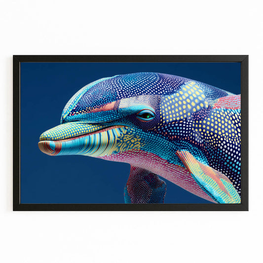 Pastel Mosaic Dolphin Artwork – with Premium Black wood frame on white background