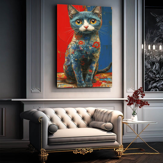 Patchwork Blue Cat Art — digital canvas print in blue tones, view 3