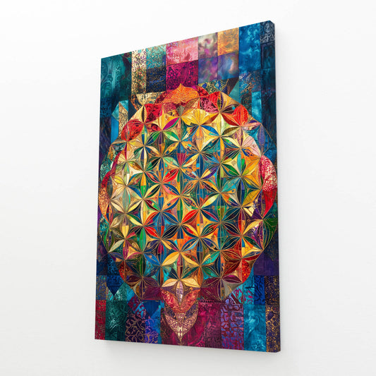 Patchwork Jewel Bloom Flower Of Life Canvas Art – angled canvas view on white background