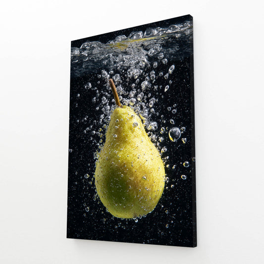 Pear Water Splash Fruit Wall Art – angled canvas view on white background