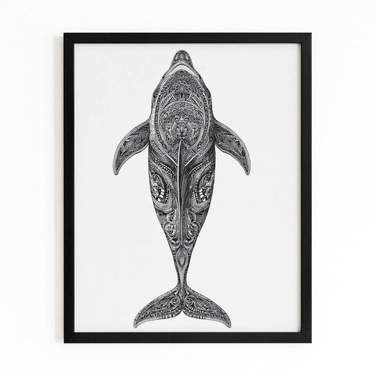 Pencil Pattern Dolphin Wall Art – with Premium Black wood frame on white background