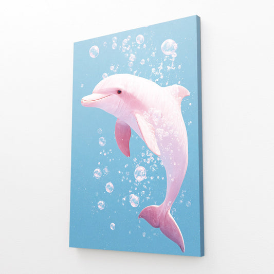 Pink Bubbles Dolphin Wall Art – angled canvas view on white background