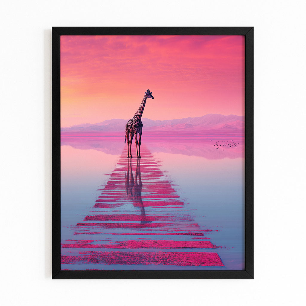 Framed artwork of a giraffe standing on a reflective surface with a pink and purple sky.