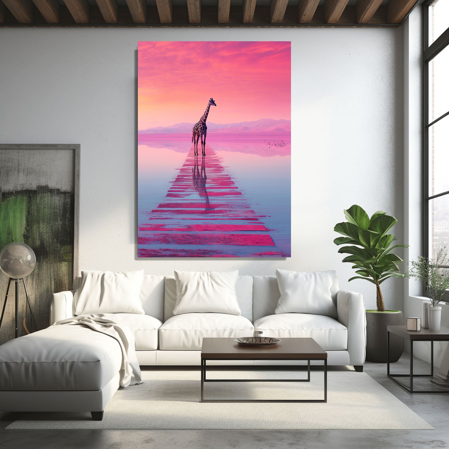 Living room with a large abstract painting of a giraffe on a pink sky, white sofa, and modern decor.