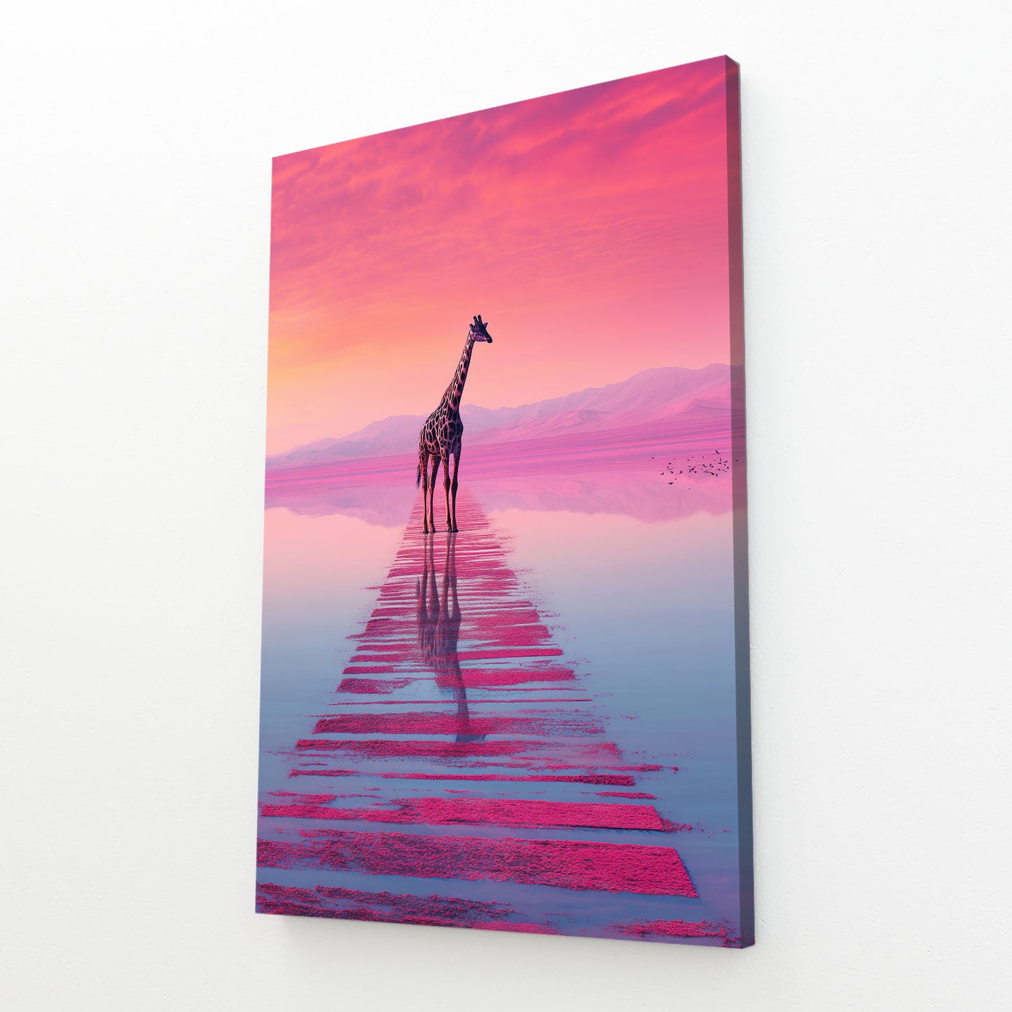 Canvas print of a giraffe standing on a reflective surface with a pink and purple sky.